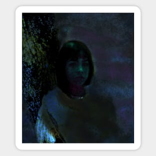 Portrait, digital collage and special processing. Lovely girl, sitting near tree. Night dreams. Blue and aquamarine. Sticker